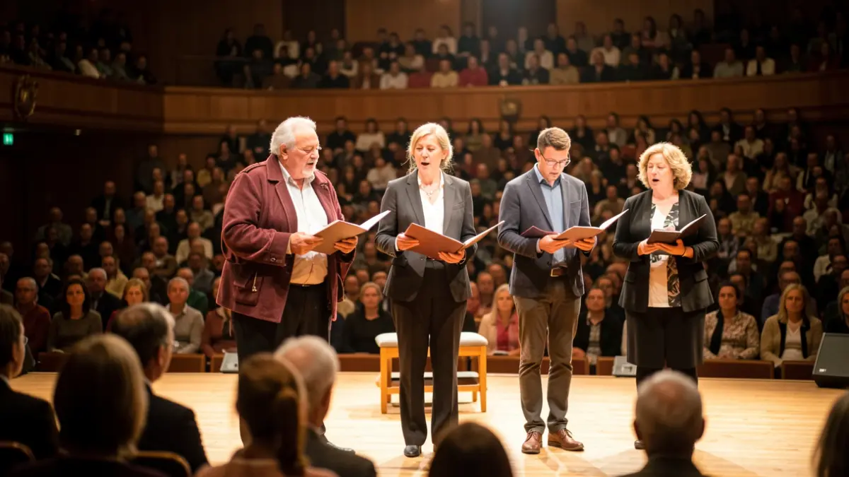 Imaxe xenérica de tres corais actuando nun auditorio galego.