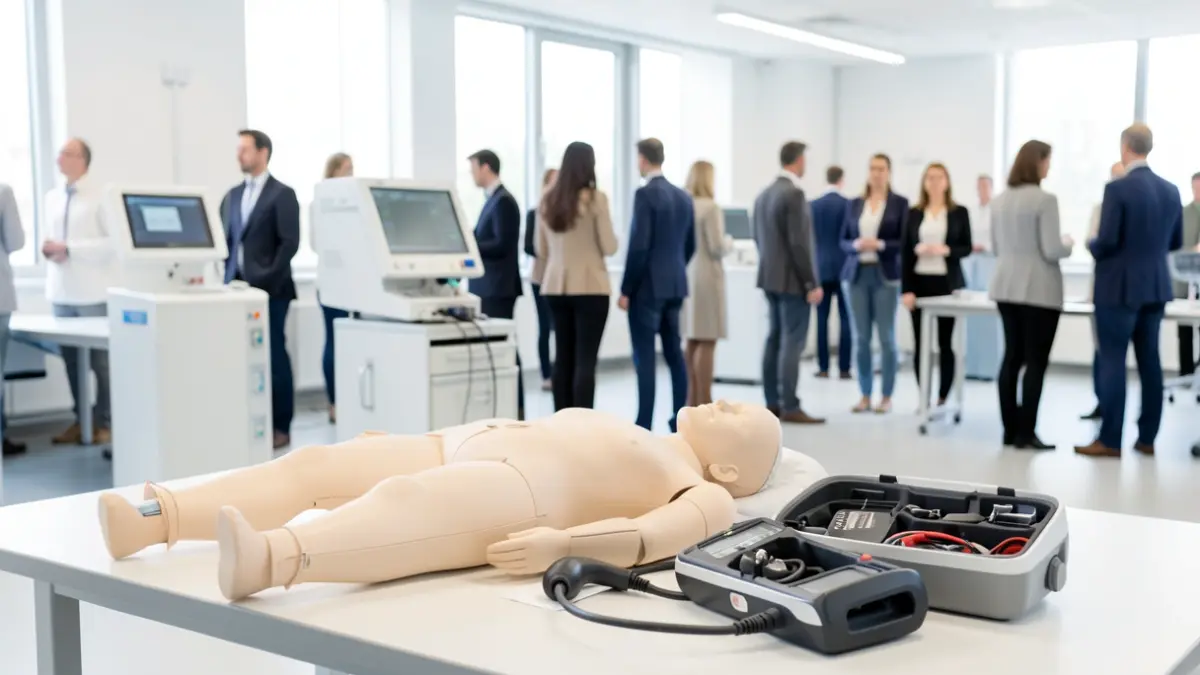 Imaxe xenérica dun boneco de adestramento médico cun desfibrilador preto, nunha sala de formación moderna e luminosa.