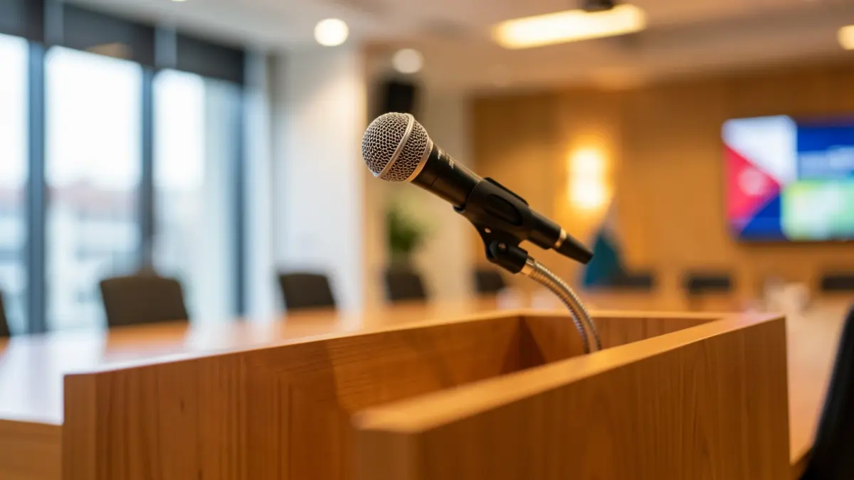 Primer plano de un micrófono en un atril de madera en una sala de conferencias moderna.