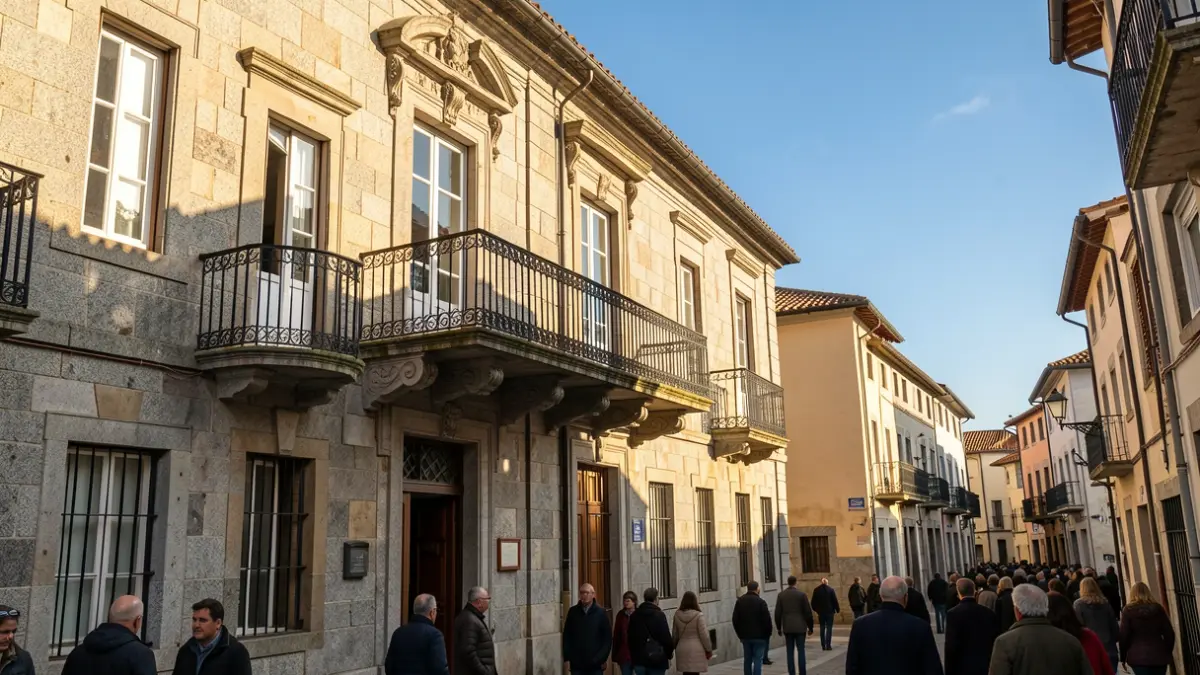 Fachada de un ayuntamiento gallego de piedra con balcón y rejas de hierro, luz del sol de la tarde.