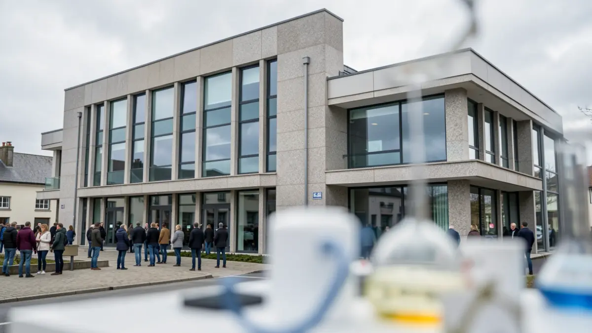 Imaxe xenérica dun edificio de investigación moderno con detalles de granito baixo un ceo nubrado galego.