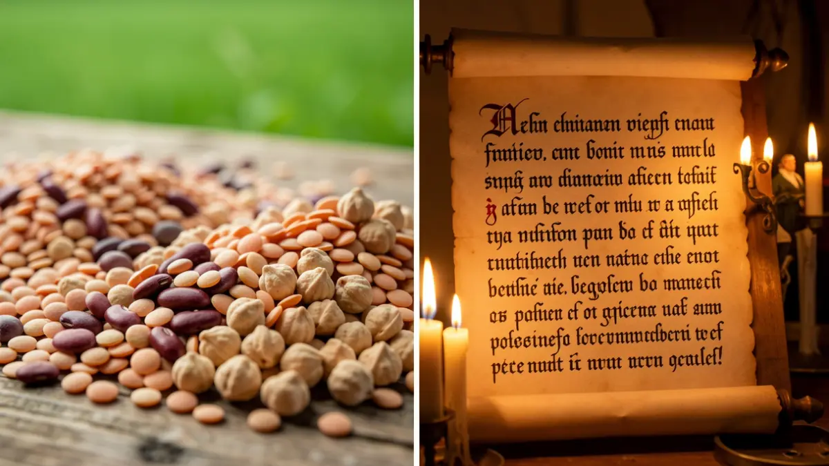 Imaxe dividida: á esquerda, legumes variados; á dereita, pergamiño medieval á luz de candea.