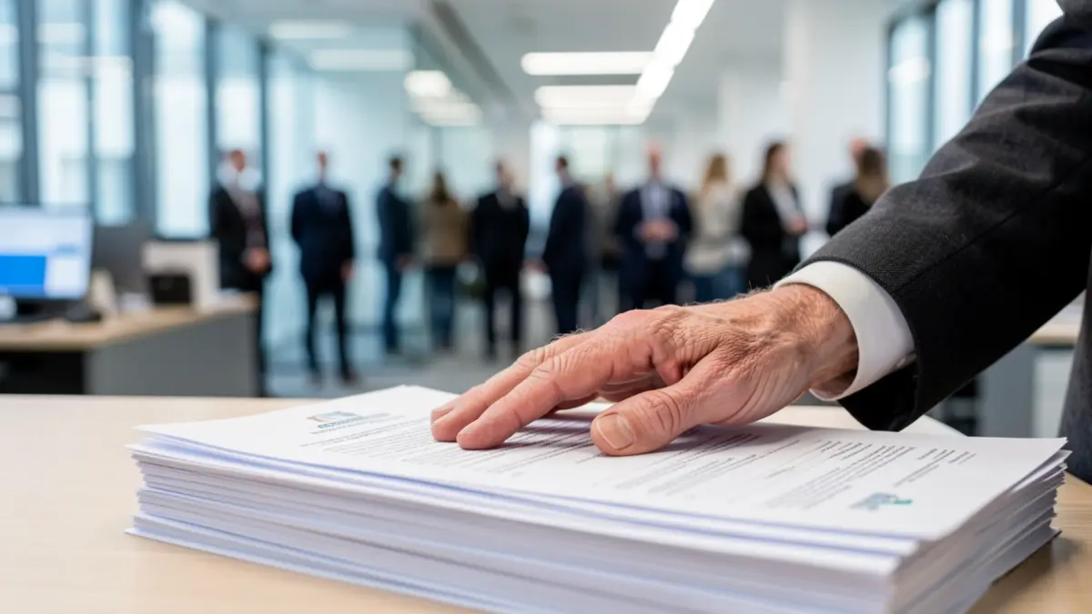 Primeiro plano da man dunha persoa maior sobre documentos oficiais, cun fondo borroso dun interior de oficina moderno.