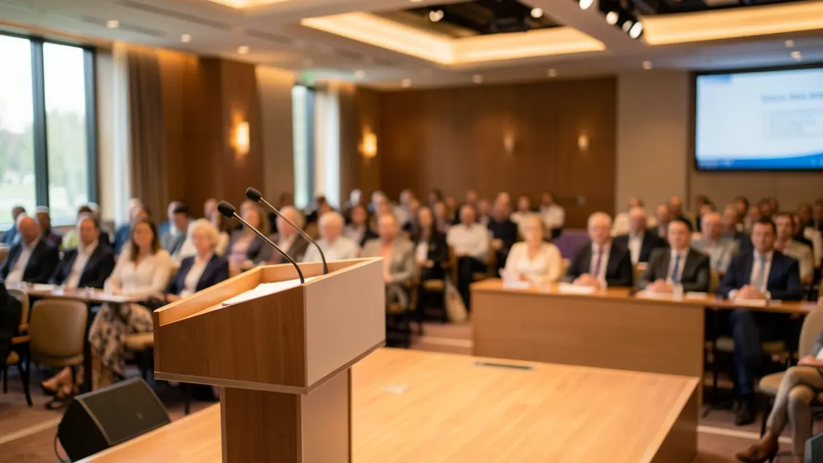 Imagen genérica de una sala de conferencias con atril y micrófonos.