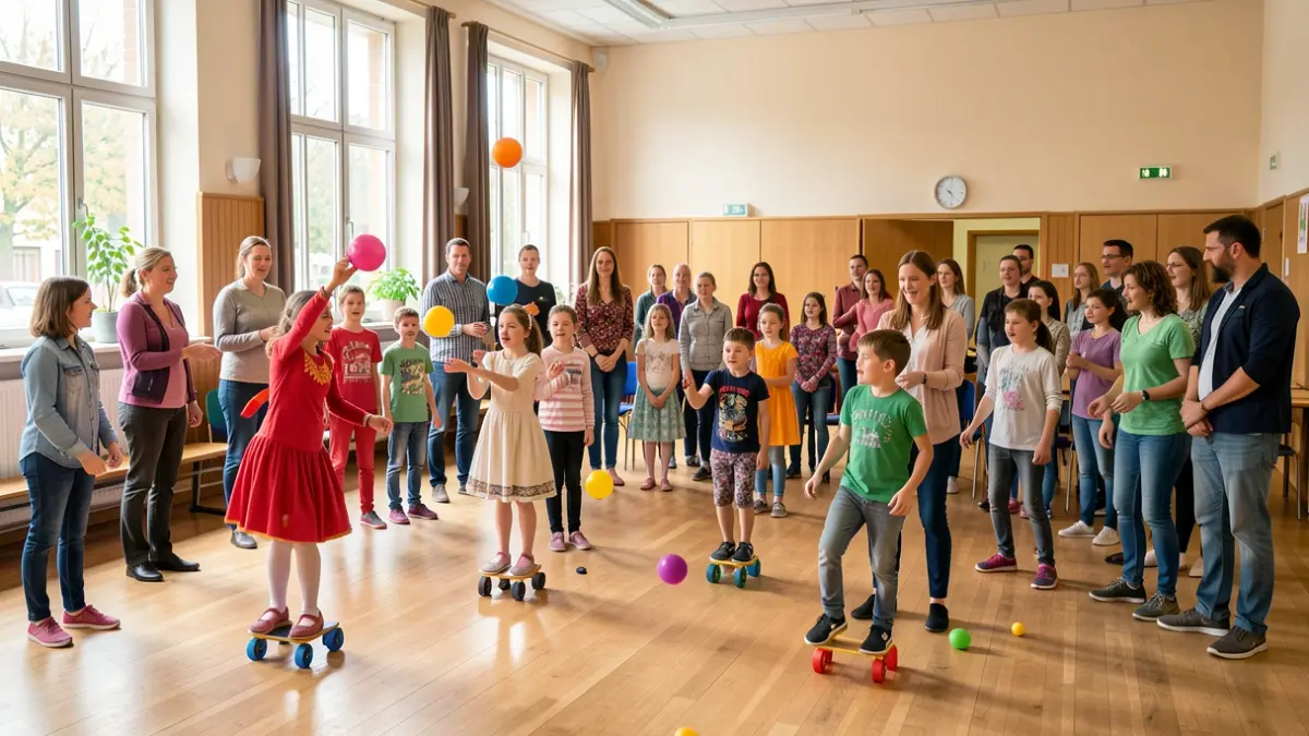 Nenos e adultos participando nun obradoiro de circo en Narón.