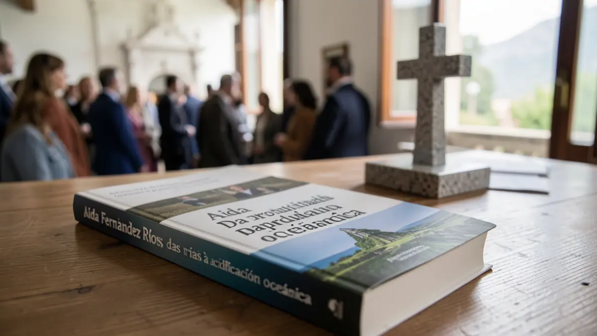 Libro sobre la vida y obra de Aida Fernández Ríos con un cruceiro gallego de fondo.