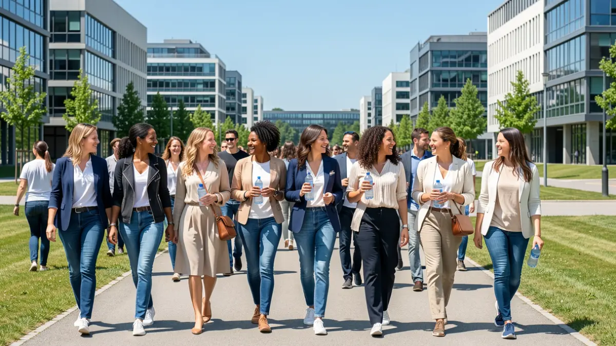Mulleres diversas camiñando nun parque empresarial, simbolizando comunidade e progreso.