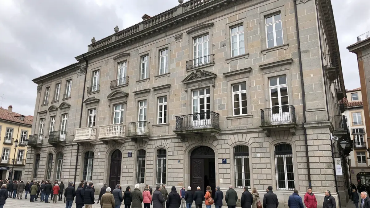Imaxe xenérica dunha fachada de edificio universitario de granito en Santiago de Compostela, baixo un ceo nubrado.