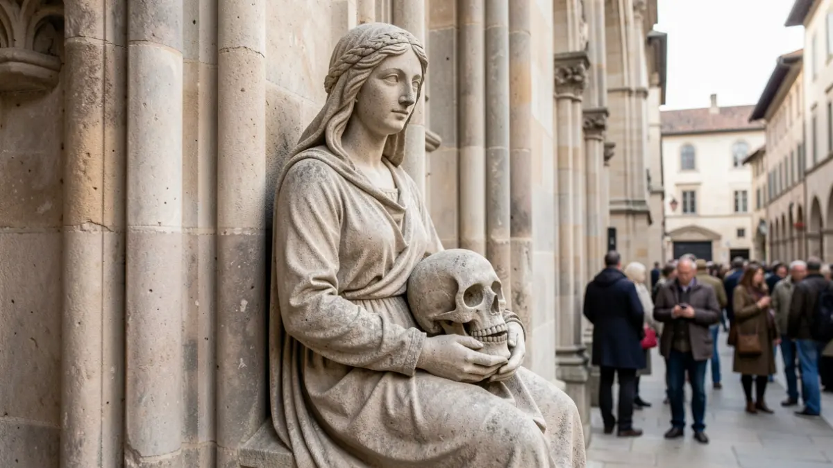 Imaxe dunha escultura de muller cun cranio no colo no Pórtico da Praterías da Catedral de Santiago.