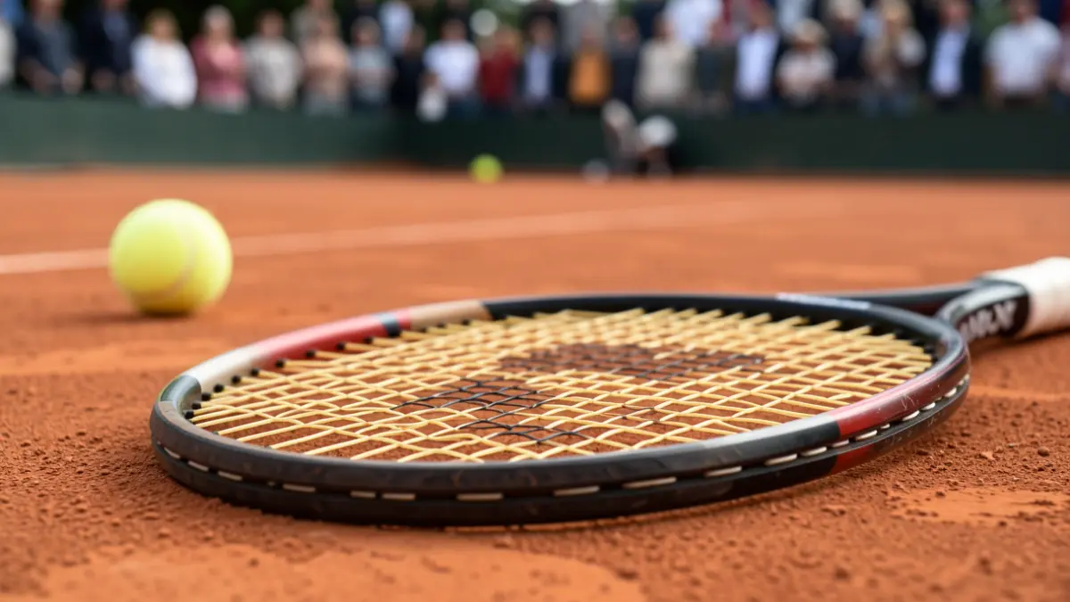 Primeira persoa dunha raqueta de tenis sobre terra batida, cunha bóla de tenis desenfocada preto.