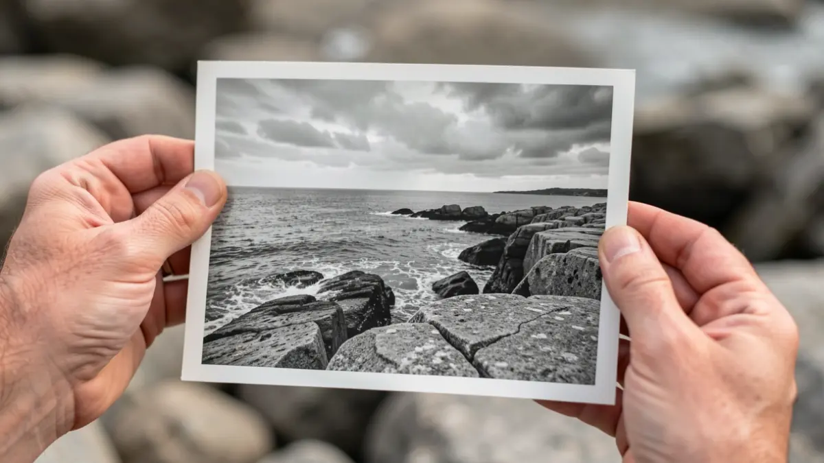 Unha man sostén unha fotografía antiga en branco e negro dunha paisaxe mariña galega.