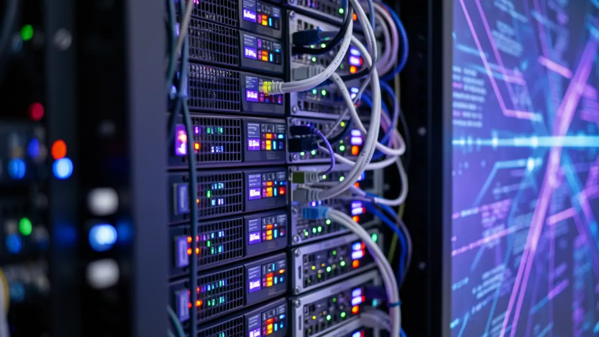 Imaxe xenérica de servidores de computación de altas prestacións con luces parpadeantes e cables, representando tecnoloxía avanzada.