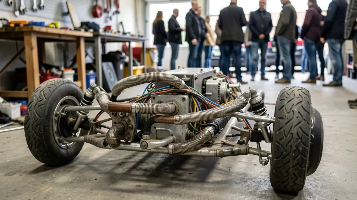 Generic image of a custom electric go-kart chassis with mechanical details and blurred tools in the background.