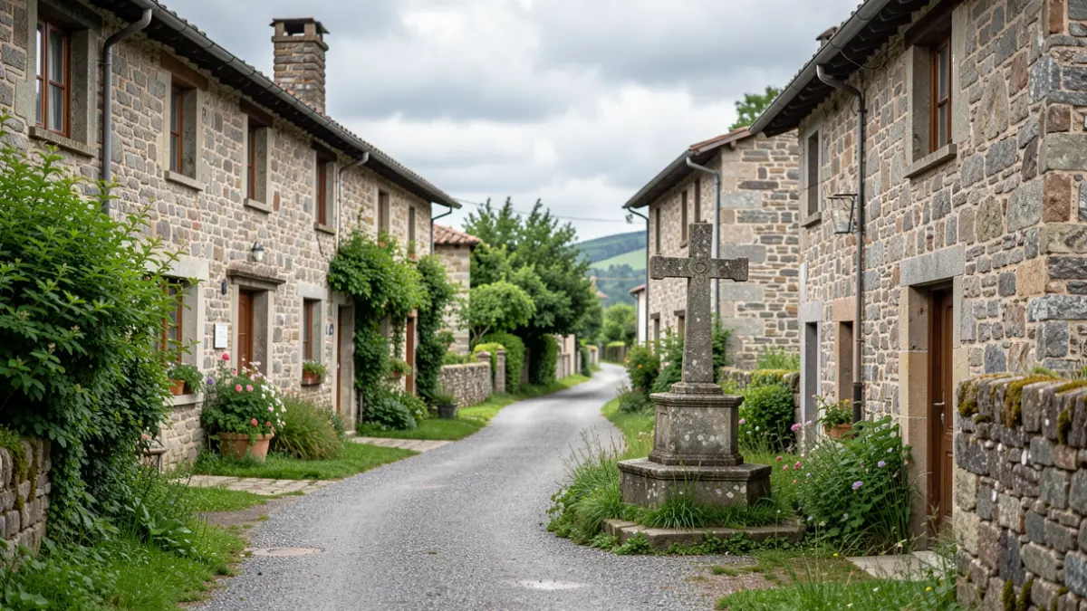 Generic image of a rural Galician street with stone houses and vegetation.