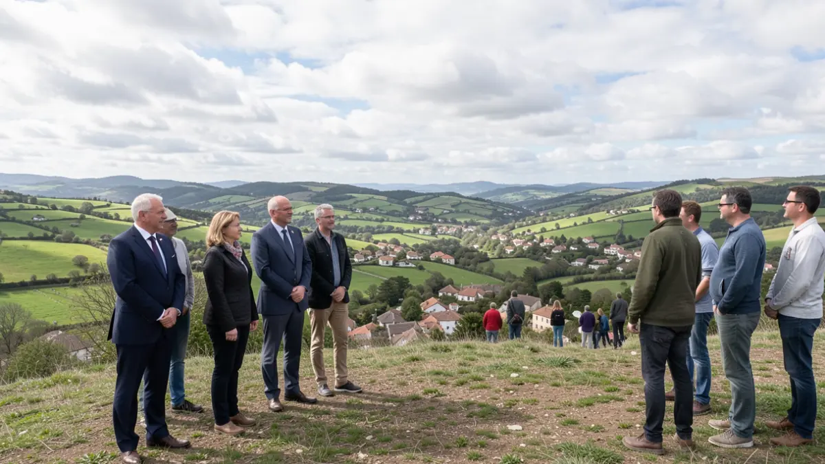Generic image of people gathered in a rural area overlooking a valley, representing a cross-border meeting.