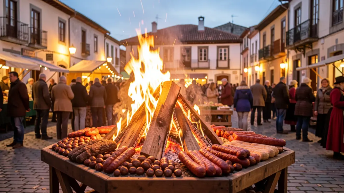 Imagen genérica de una fiesta de otoño tradicional gallega con una hoguera y castañas asadas.