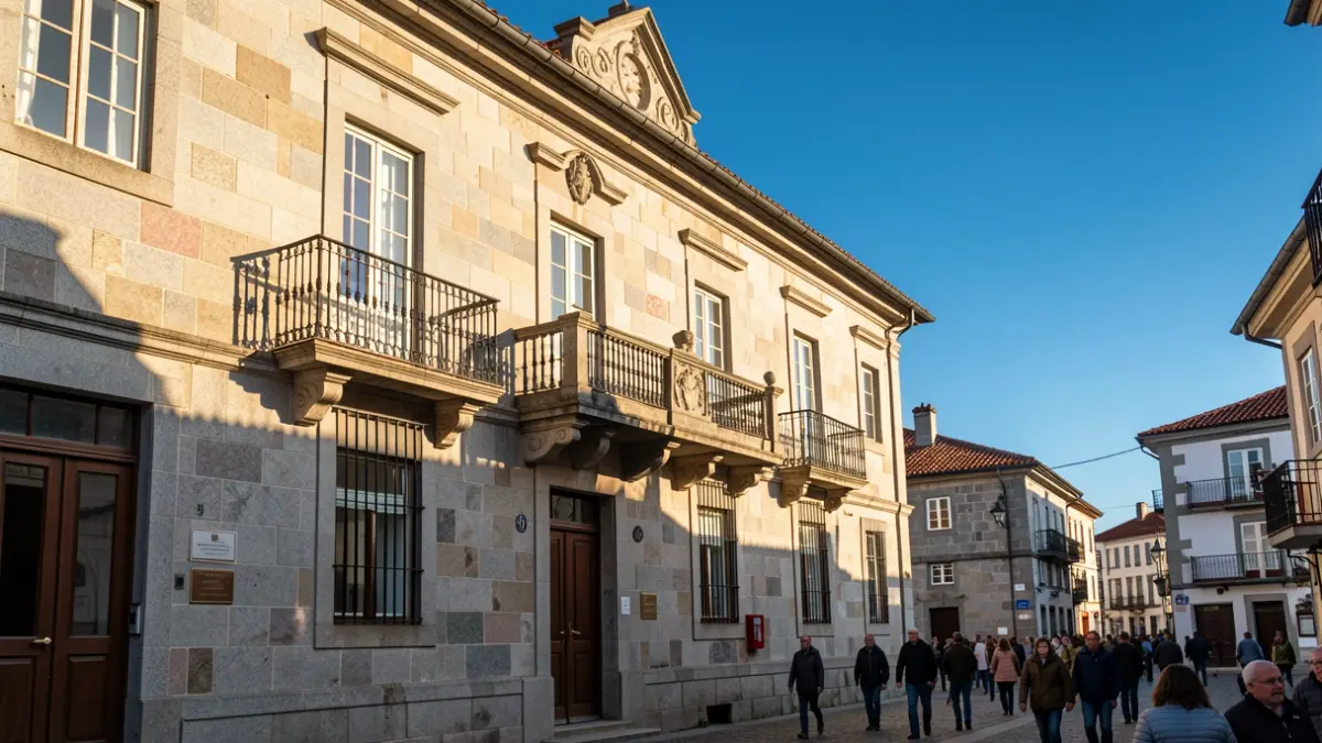 Imaxe dun concello galego con balcón e detalles de granito baixo o sol da tarde.