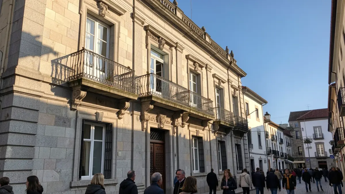 Imagen genérica de una fachada de ayuntamiento gallego de granito con balcón y barandillas de hierro, a la luz de la tarde.