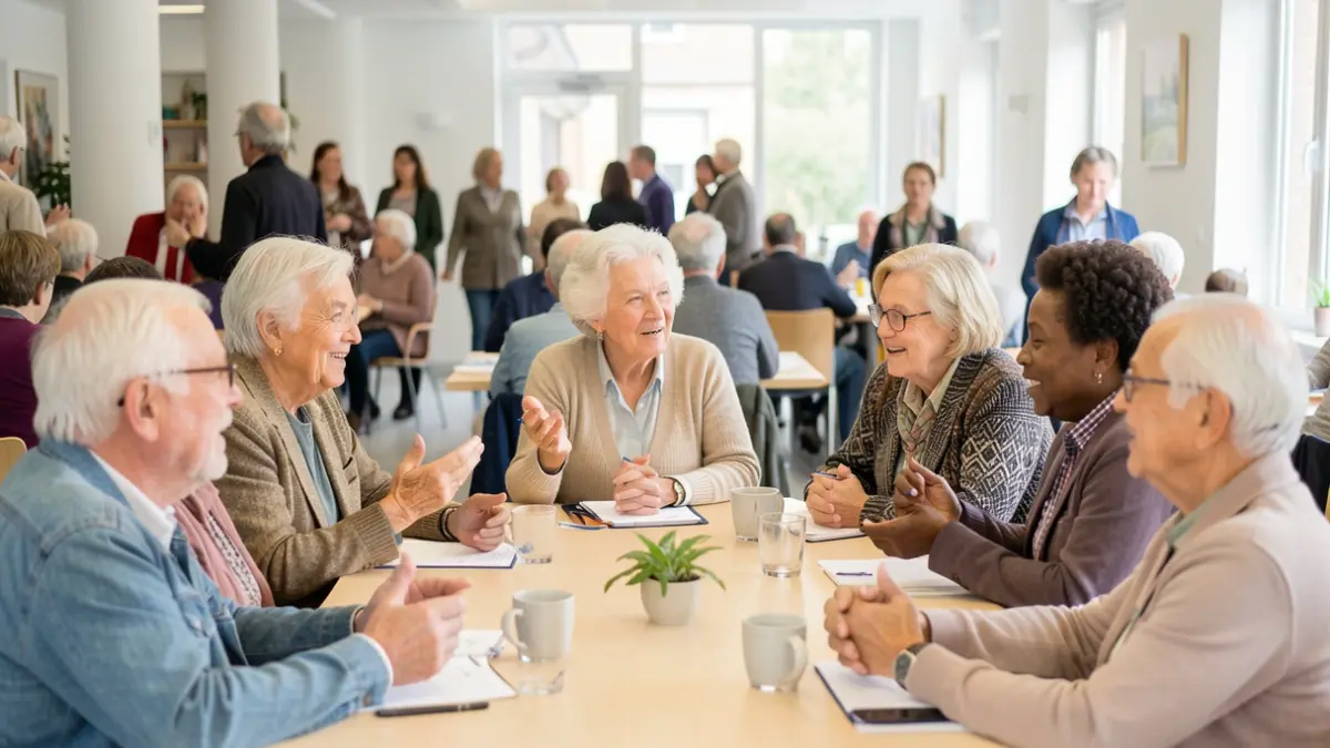 Generic image of a diverse group of elderly people actively participating in a meeting at a community center.