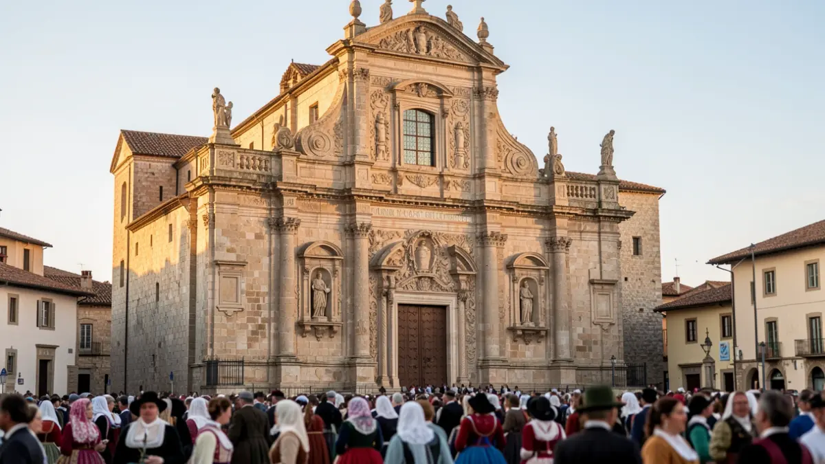 Imaxe xenérica da Catedral de Lugo con xente vestida de tradicional.