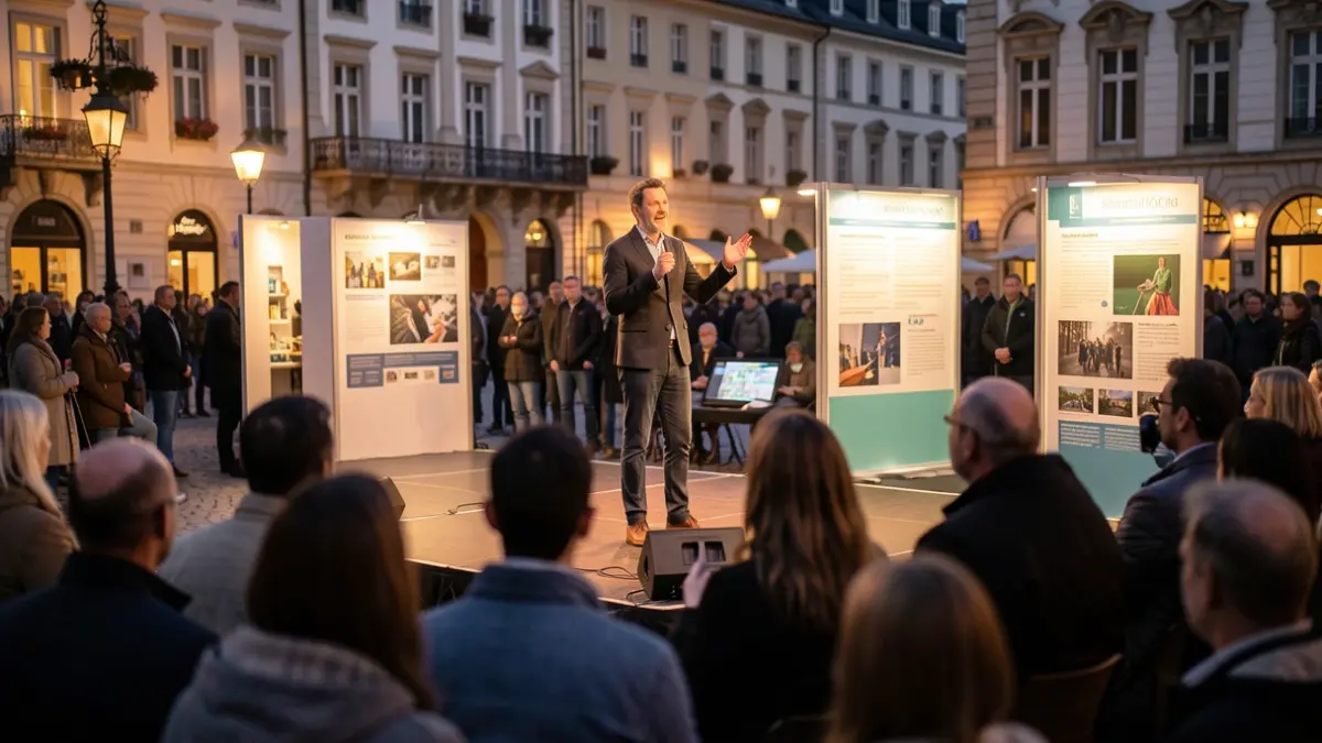 Generic image of a comedian performing in a public square at dusk, with informational booths in the background.