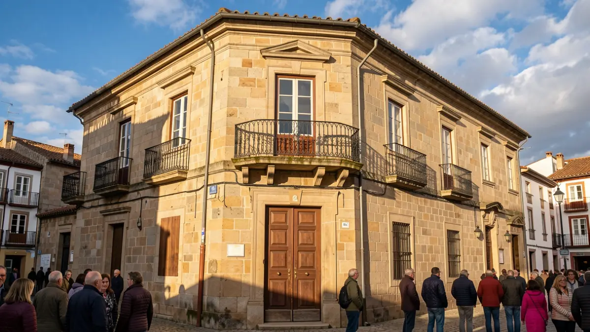 Fachada dun concello de pedra tradicional galego con balcón ornamentado e varanda de ferro. Luz cálida da tarde proxecta sombras nas paredes de arenito. Ceo azul con nubes dispersas.
