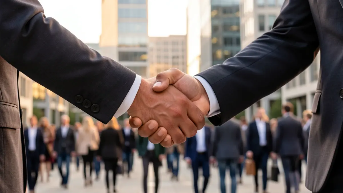 Primer plano de un apretón de manos entre dos personas en traje de negocios, con fachadas de edificios de oficinas borrosas al fondo.