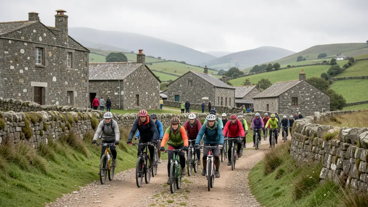 Imagen genérica de ciclistas en un camino rural gallego con construcciones de piedra y colinas verdes.