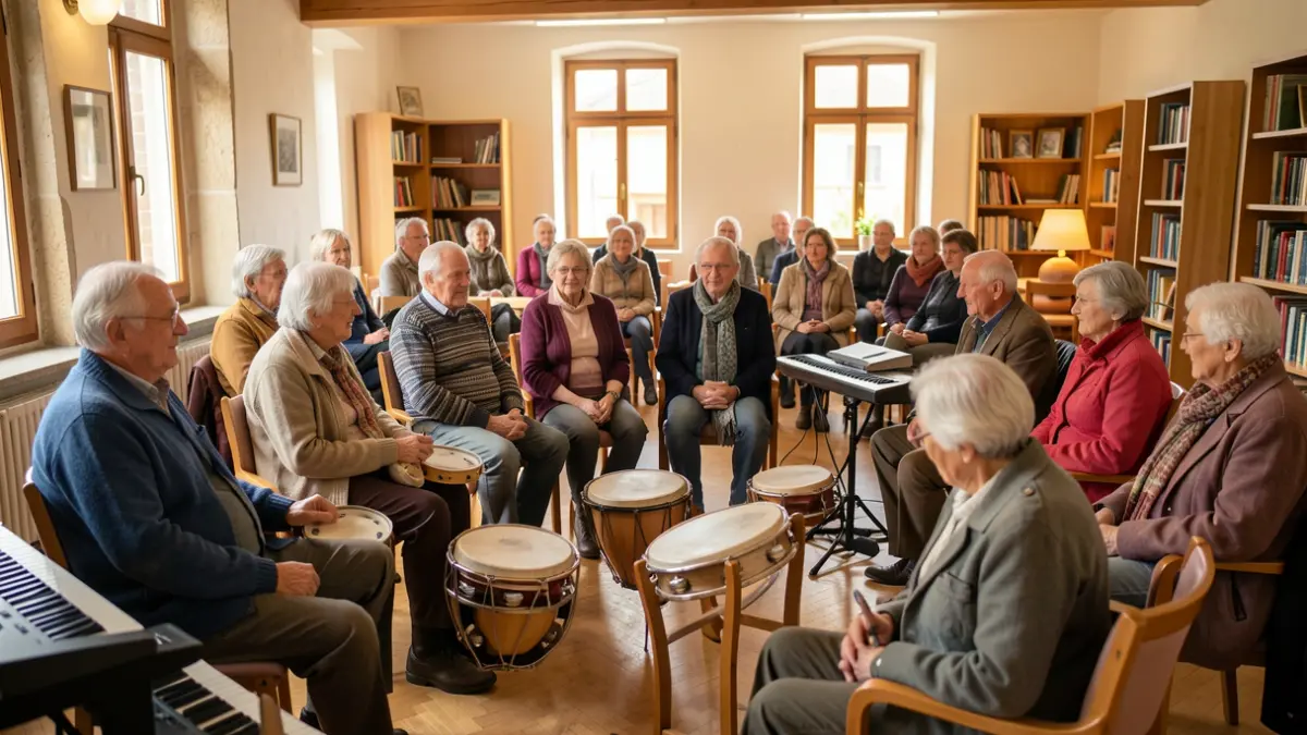 Personas mayores participando en un taller de musicoterapia en un centro social de Galicia.