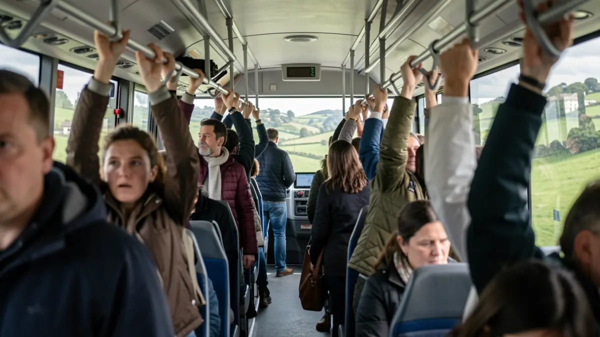 Imaxe dun autobús ateigado na comarca do Baixo Miño, con xente de pé e paisaxe galega borrosa ao fondo.