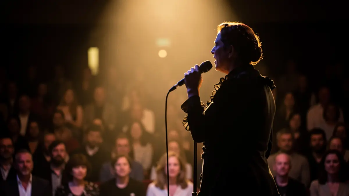 Imaxe xenérica dun cantante de flamenco actuando baixo un foco de luz, co público difuminado ao fondo.