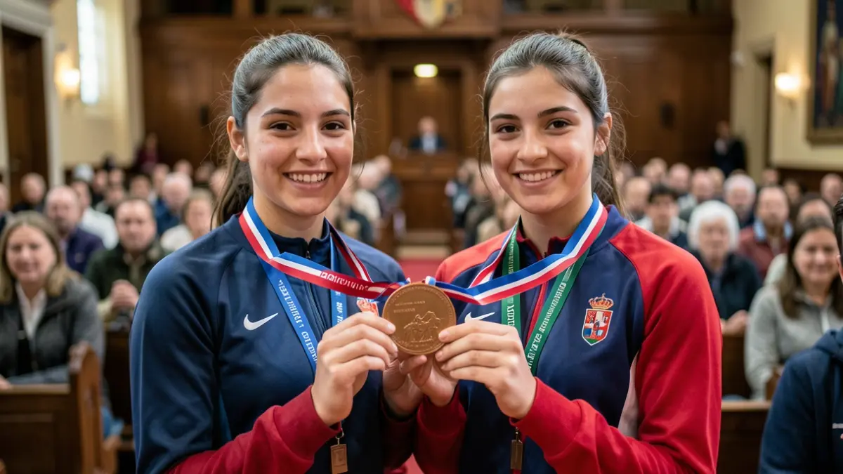 Dúas mozas deportistas recibindo unha medalla de bronce nun salón de plenos.