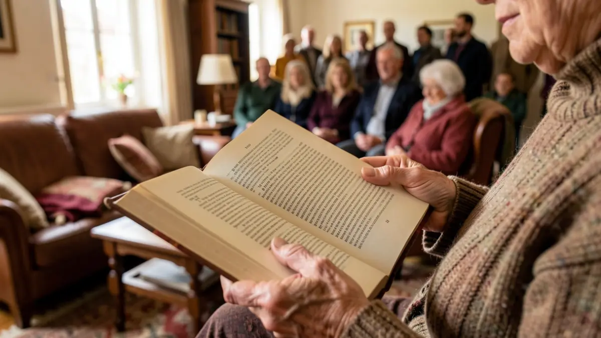 Imaxe xenérica de mans dunha muller maior lendo un libro.