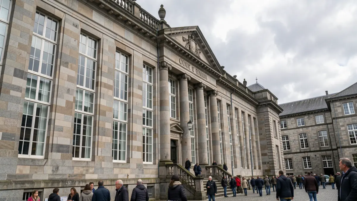 Imaxe xenérica dun edificio universitario histórico de Galicia con detalles de granito e ceo nubrado.