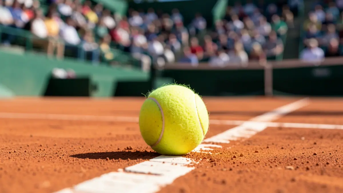 Primeiro plano dunha pelota de tenis sobre terra batida, con liñas brancas e fondo difuminado de pistas e bancadas.