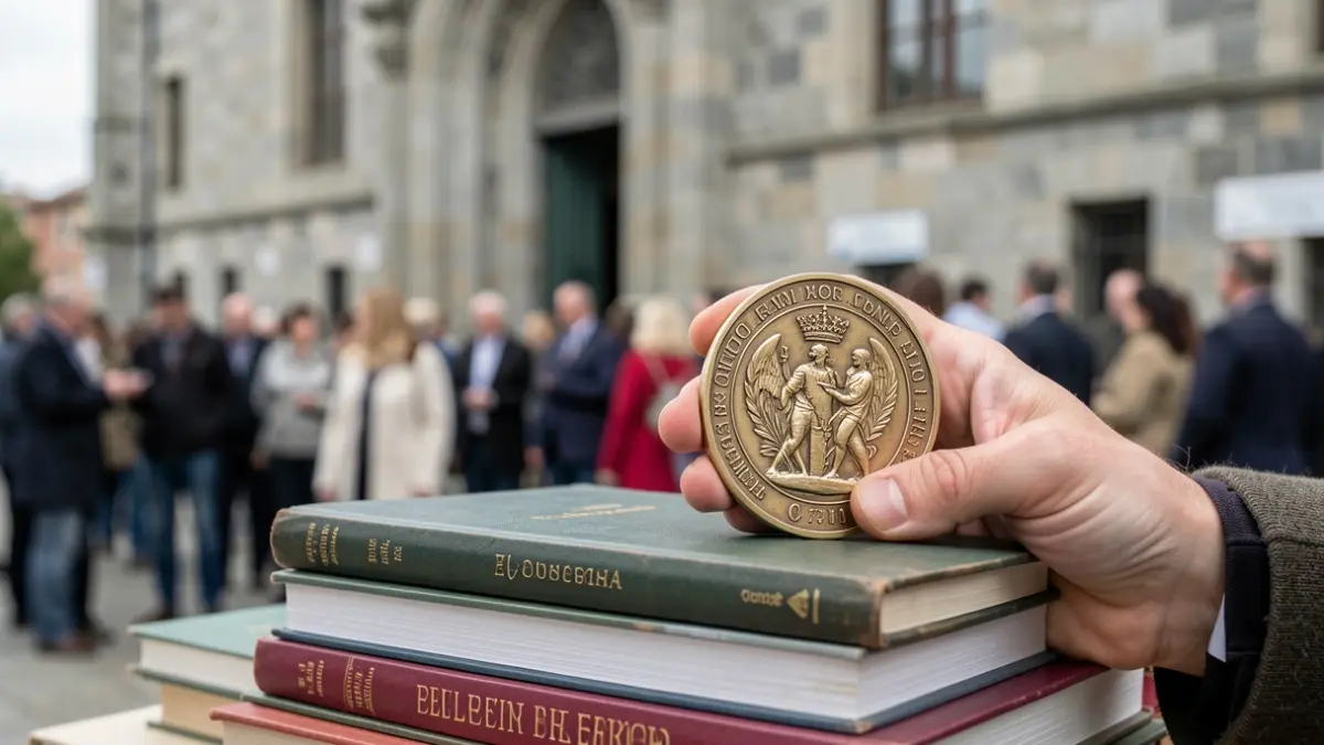 Primeiro plano dunha man sostendo unha medalla científica sobre libros académicos, cunha fachada de granito galega ao fondo.