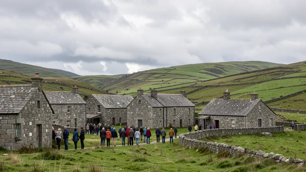 Generic image of a Galician landscape with stone buildings and green hills under a cloudy sky.