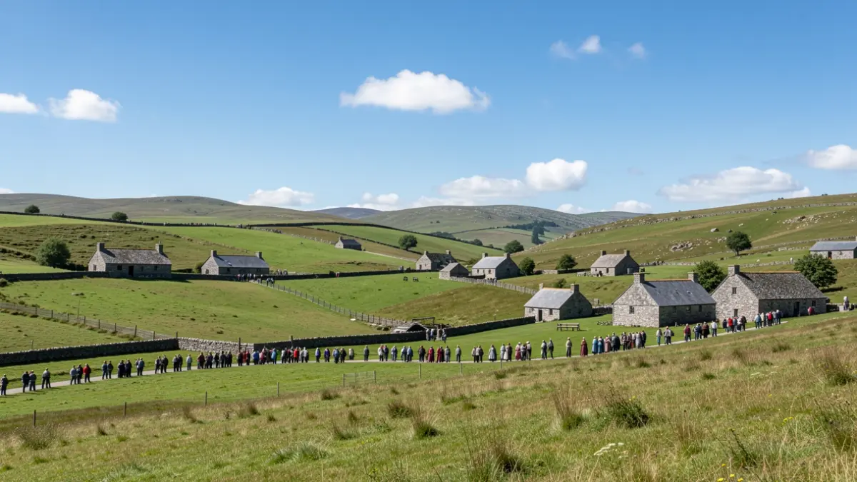 Imagen genérica de paisaje rural gallego con casas de granito y cielo azul.
