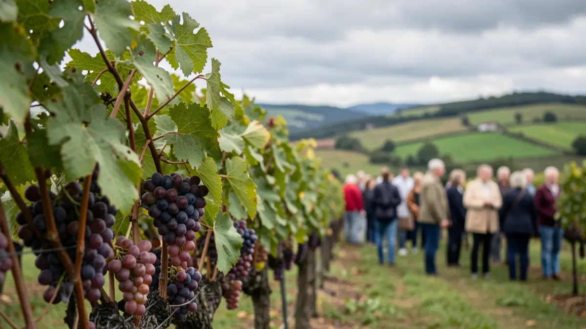Generic image of a vineyard with ripe grapes and a background of green hills under a cloudy sky.