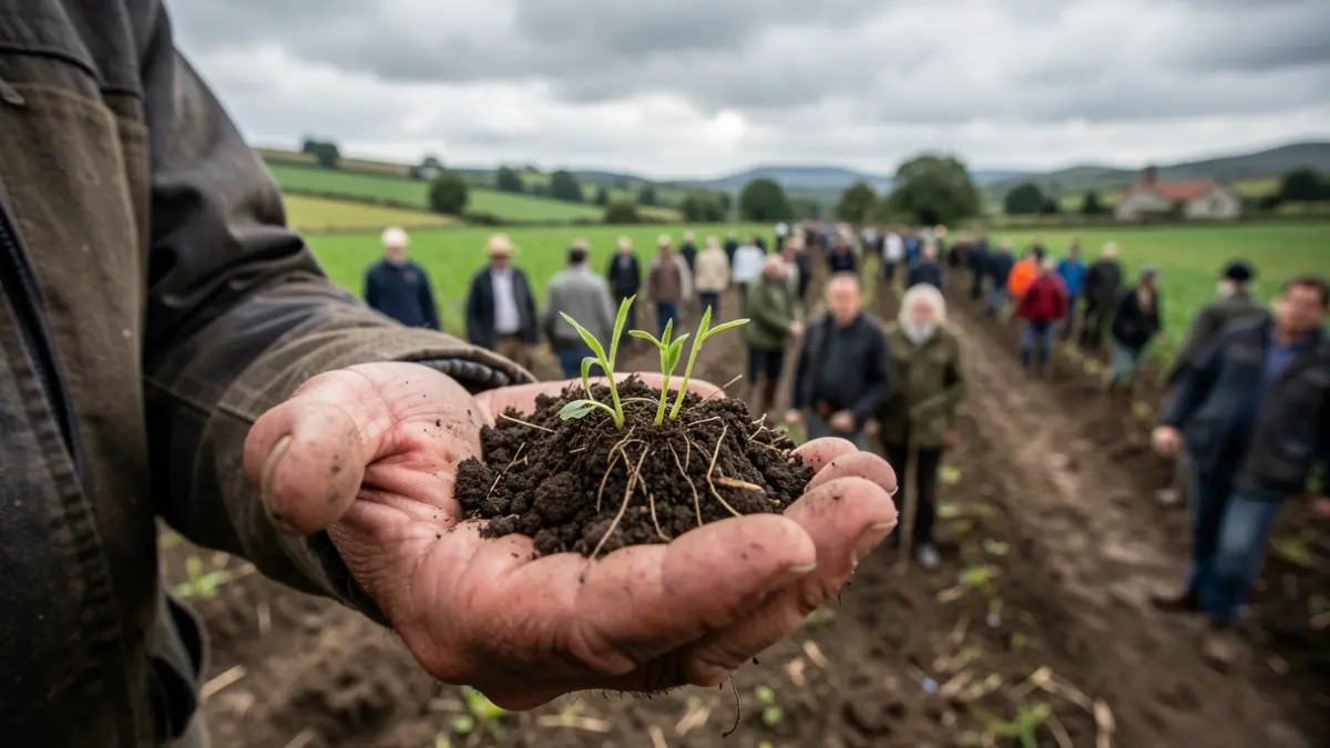 Imaxe xenérica de mans dunha persoa labrega sostiñendo terra con brotes verdes, con campos agrícolas e ceo nubrado ao fondo.