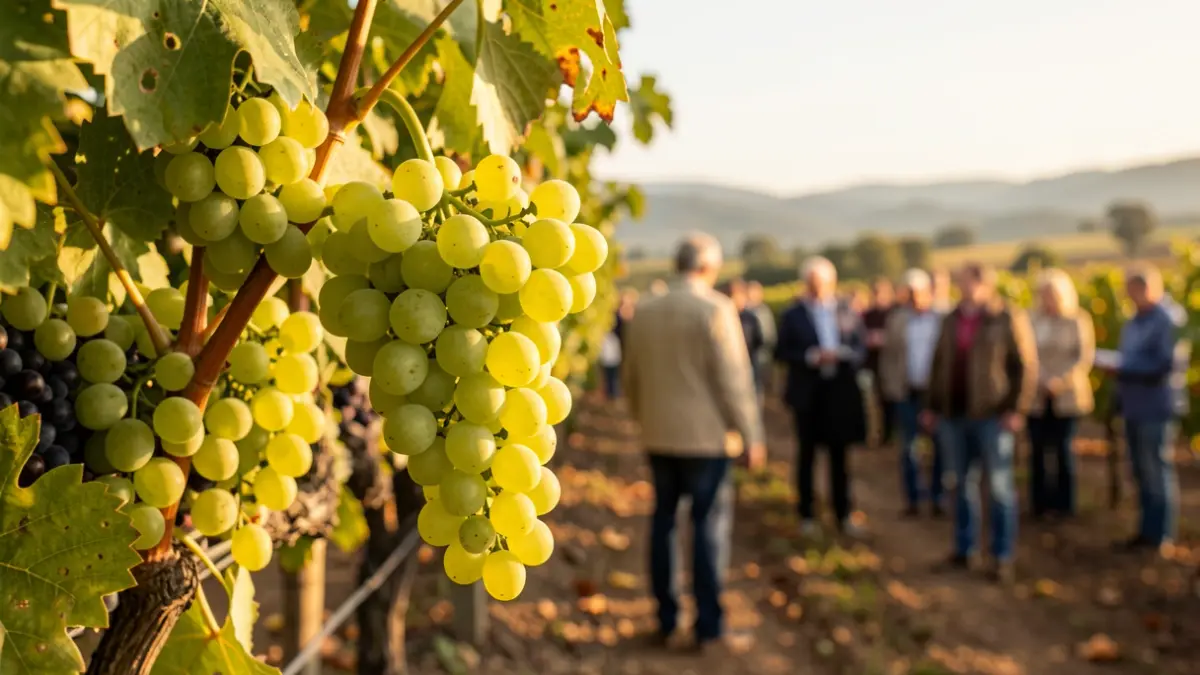 Cacho de uvas verdes maduras nunha videira, cun fondo desfocado dun viñedo en Monterrei, Galicia, durante a tempada de colleita.