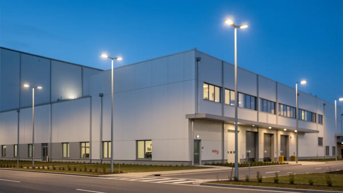Imaxe dun polígono industrial coas novas luminarias LED instaladas.
