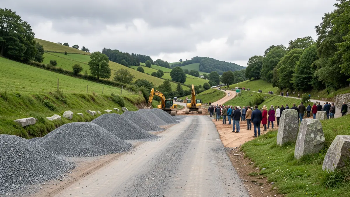 Imagen genérica de caminos rurales en obras en Galicia, con maquinaria y elementos de piedra de granito.