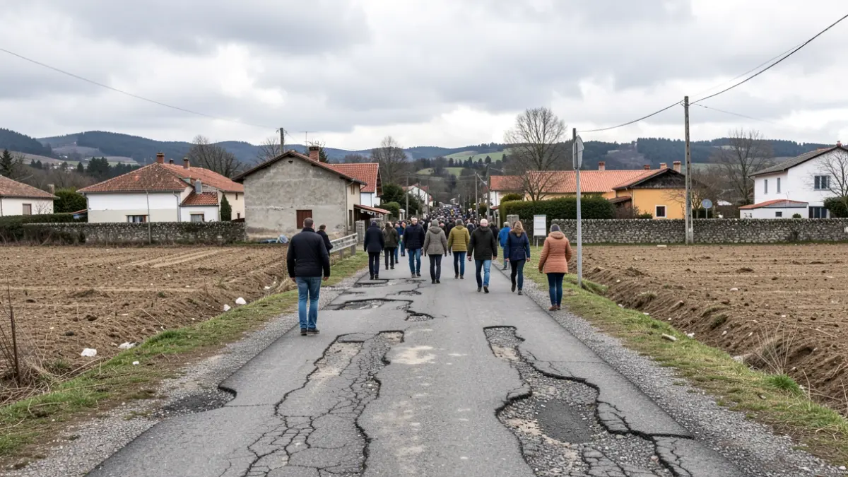 Imaxe xenérica dun camiño rural en mal estado en Galicia, rodeado de casas e parcelas sen edificar, con ceo nubrado.