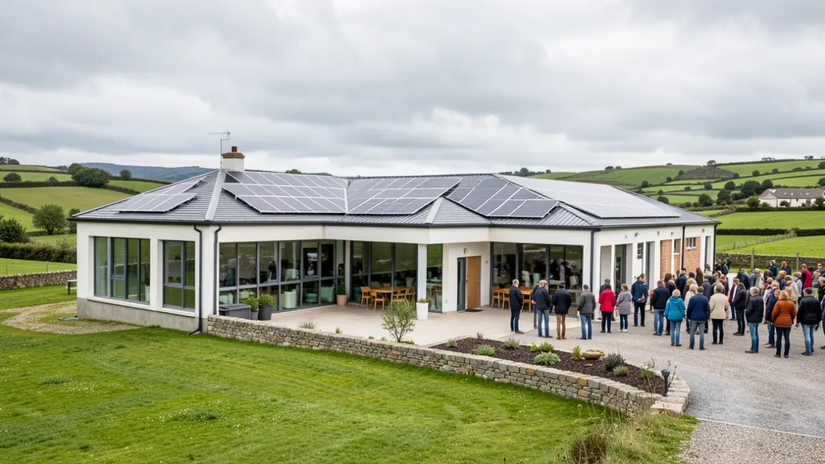 Generic image of a community social center with solar panels and large windows, in a green Galician landscape.