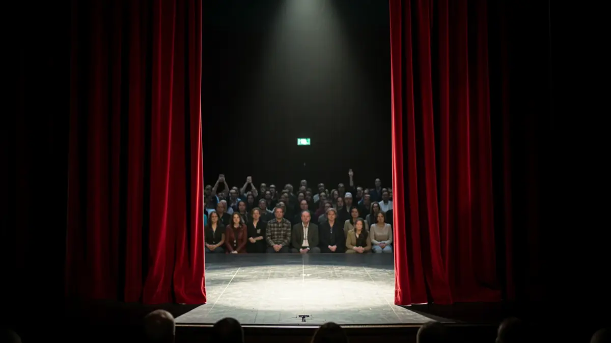 Generic image of an empty theater stage with red curtains and a spotlight.