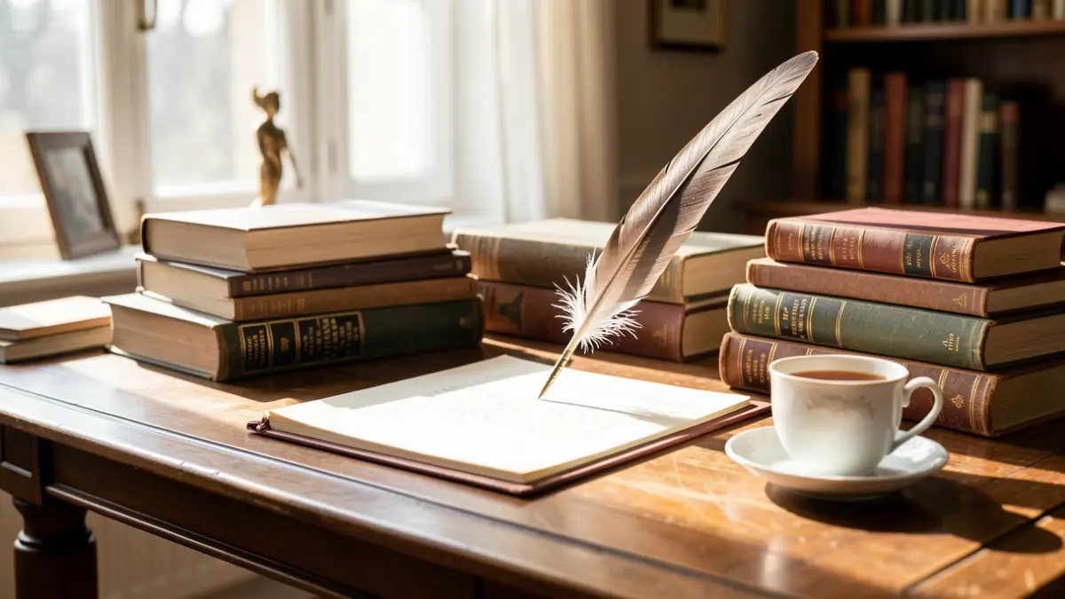 Imagen genérica de un escritorio de escritora en una sala soleada, con libros, pluma y té.