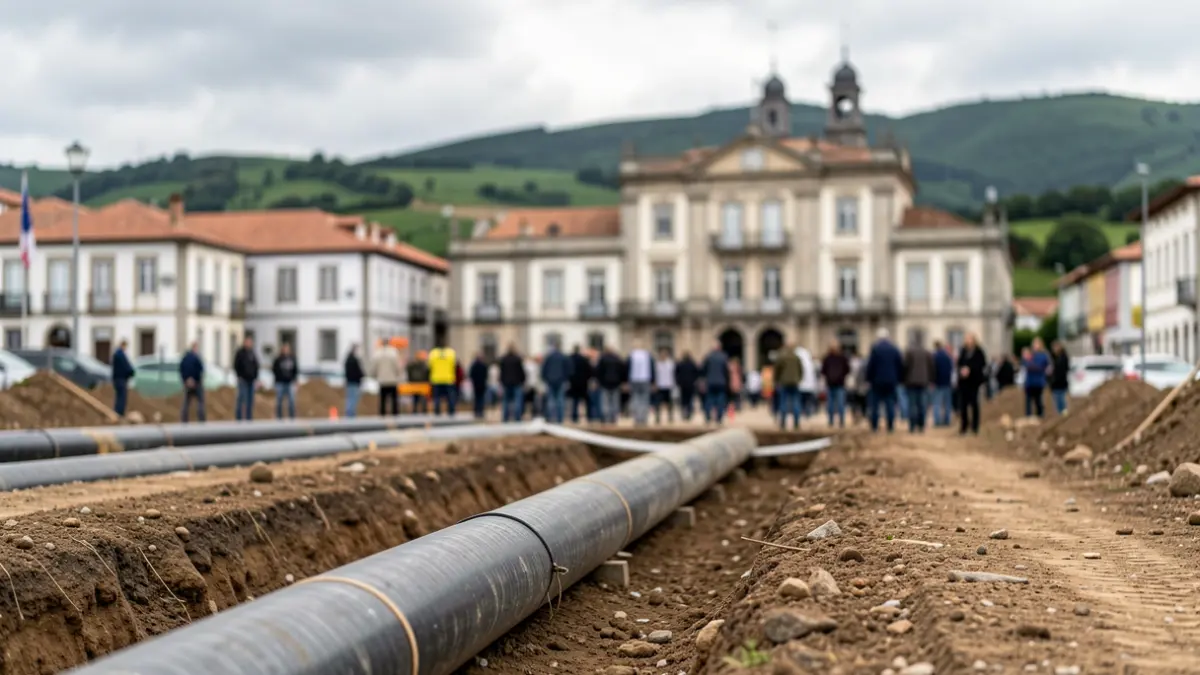 Imagen genérica de obras con tuberías y el Ayuntamiento de Mos al fondo.