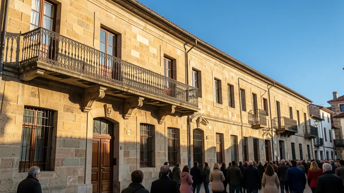 Imagen genérica de un ayuntamiento gallego con balcón y luz de tarde.