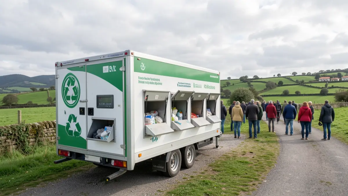 Imaxe xenérica dun punto limpo móbil con varias bocas de recollida nun contorno rural.